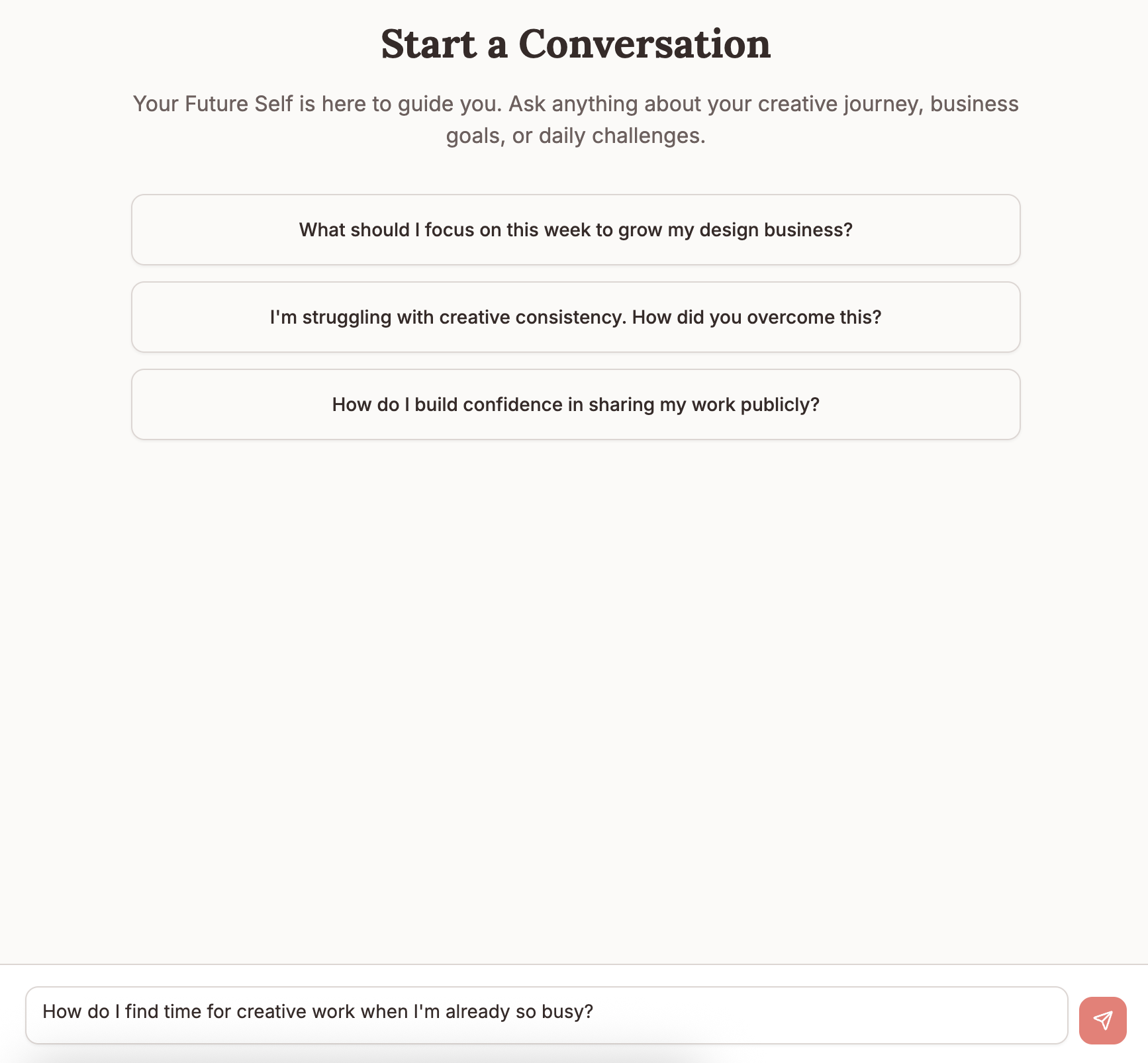 Chat interface showing suggested conversation starters with Future Self